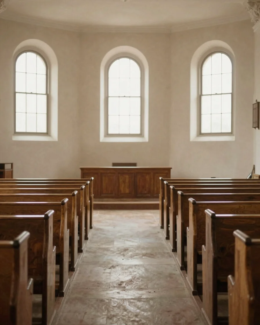 Documentary wide view of a church sanctuary in soft morning windo
