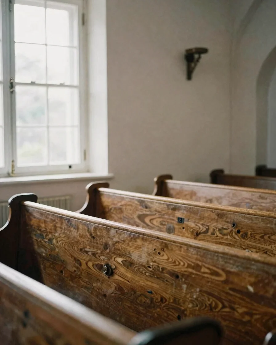 Documentary close detail of hymnals and a wooden pew in soft natural window light, warm neutral tones, candid 35mm frami