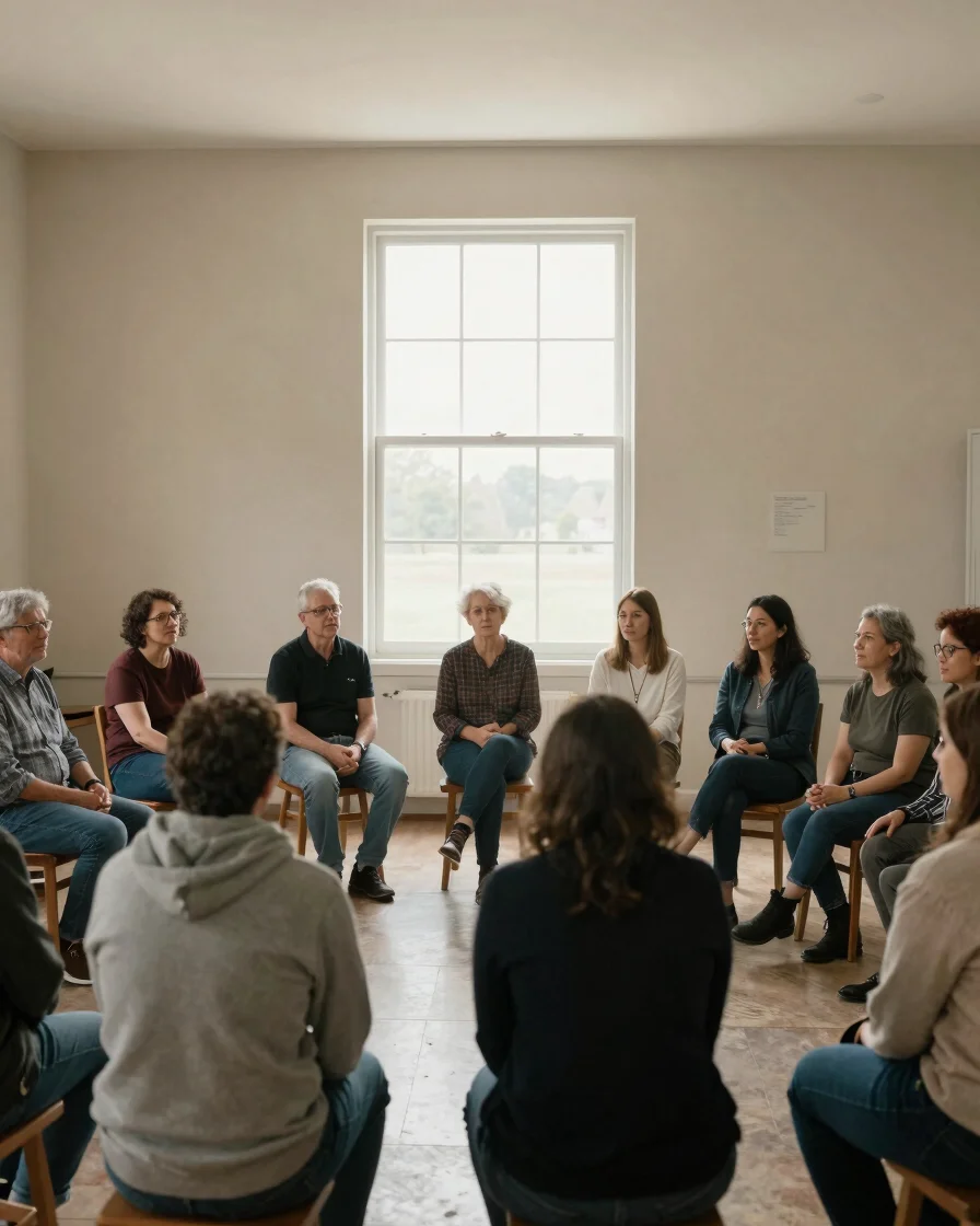 Documentary church photography, soft natural window light, a small group of congregation members seated in a relaxed cir